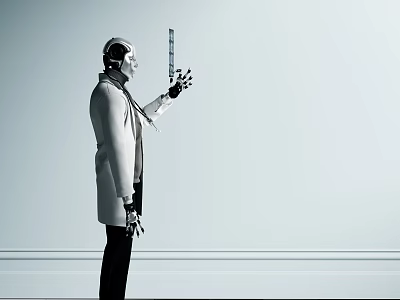 Smart Machine Wearing White Coat Headphones Holding Measuring Tool On Light Background With Horizontal Lines 3d model