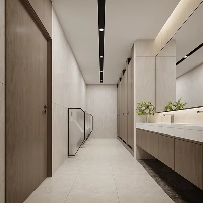 Bright Spacious Modern Public Toilet With Tidy Partitions And Elegant Hand Washing Counter 3d model