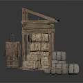 Rustic Wooden Shed Structure With Sloped Roof And Stacked Hay Bales