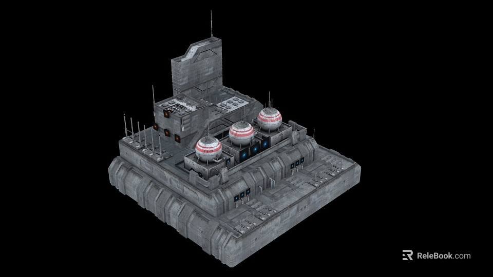 Futuristic Building Gray Industrial Structure With Three Domes Antennas And DPS Signage 3d model 