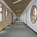 Elegant Hotel Corridor with Wooden Slat Ceiling Circular Artwork Wall Lamps and Gray Floors