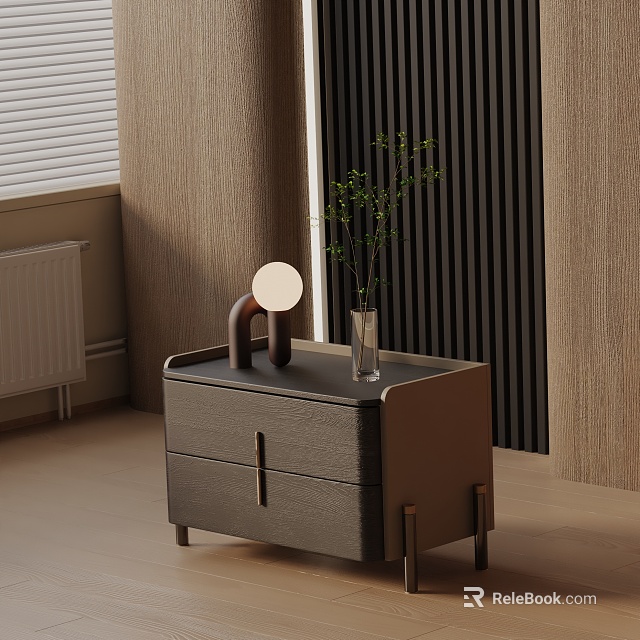 Modern Bedside Table With Sleek Design Two Drawers Round Lamp And Glass Vase Green Plants 3d model 