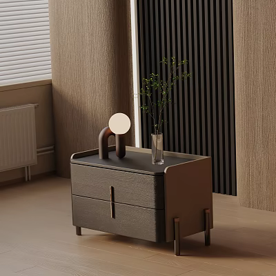 Modern Bedside Table With Sleek Design Two Drawers Round Lamp And Glass Vase Green Plants 3d model