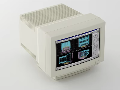 Old Style White Computer Monitor Screen Showing Multiple Design Graphics Windows 3d model