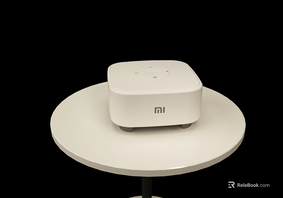 White MI Bluetooth Speaker on White Round Table for Home Audio Experience 3d model 