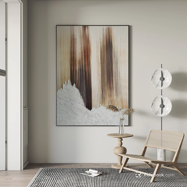 Modern Room Interior With Abstract Painting Wooden Chair Small Table And Lamp 3d model 