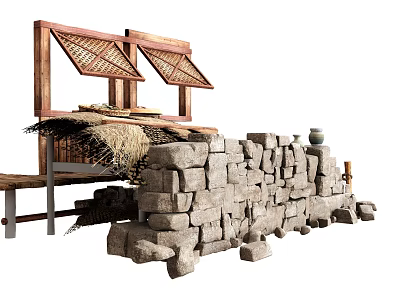 Traditional Rustic Scenic Wall With Stone Blocks Wooden Frames And Clay Pot 3d model