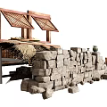 Traditional Rustic Scenic Wall With Stone Blocks Wooden Frames And Clay Pot