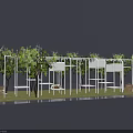 Garden Landscape with White Pergola Climbing Vines Green Grass Trees and Baskets