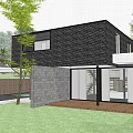 Modern Detached Villa Exterior With Black Sports Car Trees And Garage Lights