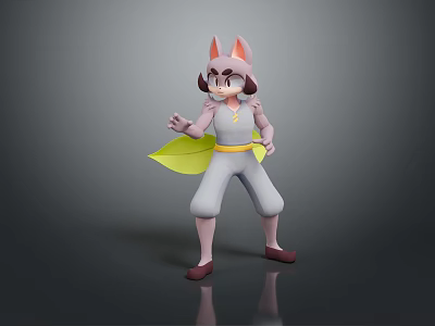 Animated Game Character With Pink Ears White Outfit Yellow Belt Green Leaf Standing Pose 3d model