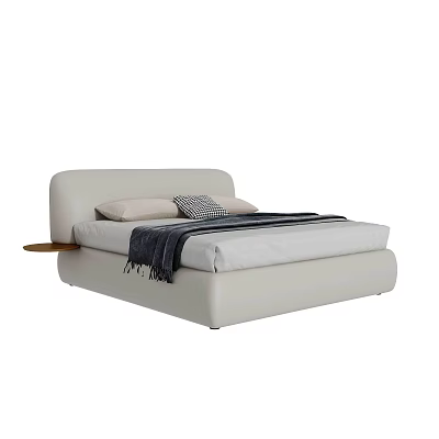 Modern Light Colored Double Bed With Upholstered Headboard Pillows And Attached Wooden Side Table 3d model