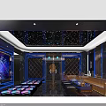 Elegant KTV Room Featuring Black Blue Lighting Starry Ceiling Golden Pattern Decor And Illuminated Tables
