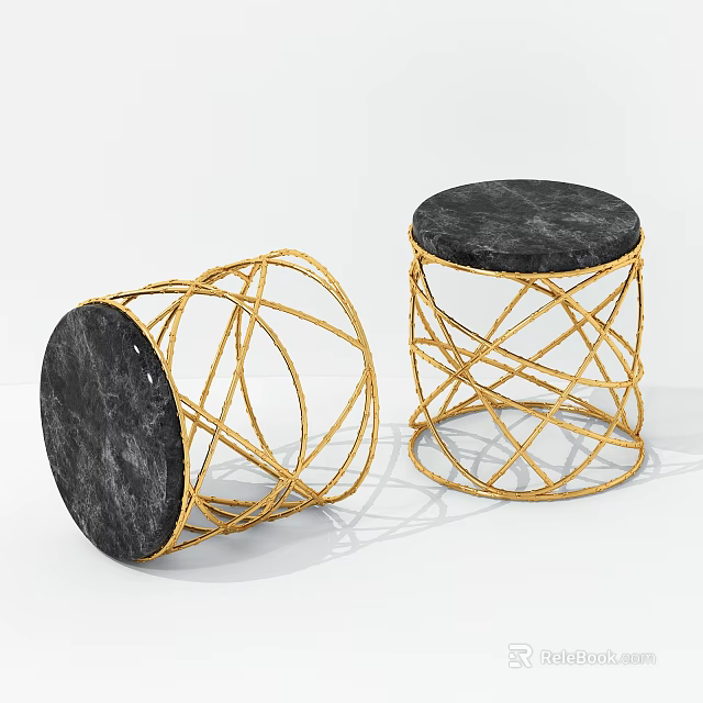 Modern Black Marble Top Stools With Gold Metal Geometric Frame Design 3d model