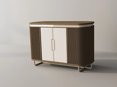Modern Side Table With Brown Striped Cabinet White Doors And Sleek Metal Legs 3d model