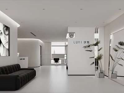 Modern Minimalist Beauty Hairdressing Salon Interior Design With Cozy Lounge Sofa And Elegant Indoor Plants 3d model