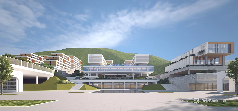 Modern School Campus Building Design With Green Hills Blue Sky And Open Plaza Area 3d model 