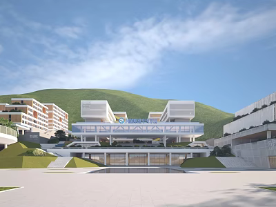 Modern School Campus Building Design With Green Hills Blue Sky And Open Plaza Area 3d model