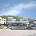 Modern School Campus Building Design With Green Hills Blue Sky And Open Plaza Area