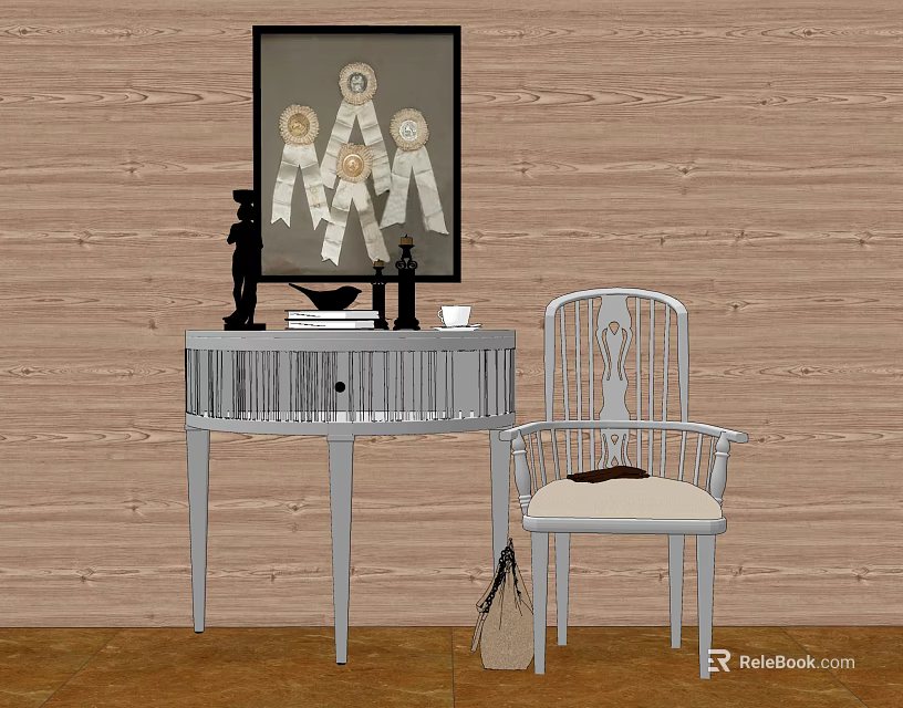 Modern Entryway Console Table And Side Cabinet With Chair And Wooden Wall Decor 3d model 