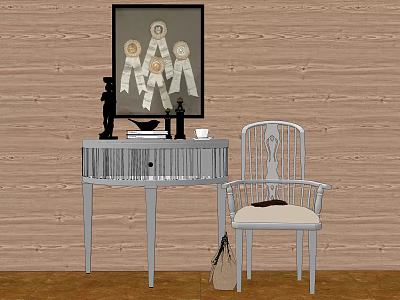 Modern Entryway Console Table And Side Cabinet With Chair And Wooden Wall Decor 3d model
