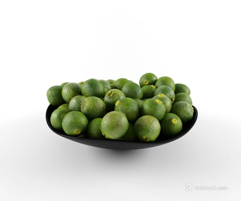 Fresh Juicy Green Limes Filled in a Black Plate on White Background 3d model 