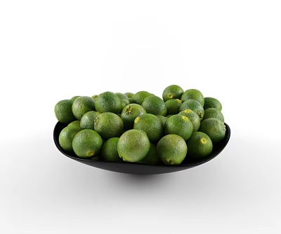 Fresh Juicy Green Limes Filled in a Black Plate on White Background 3d model