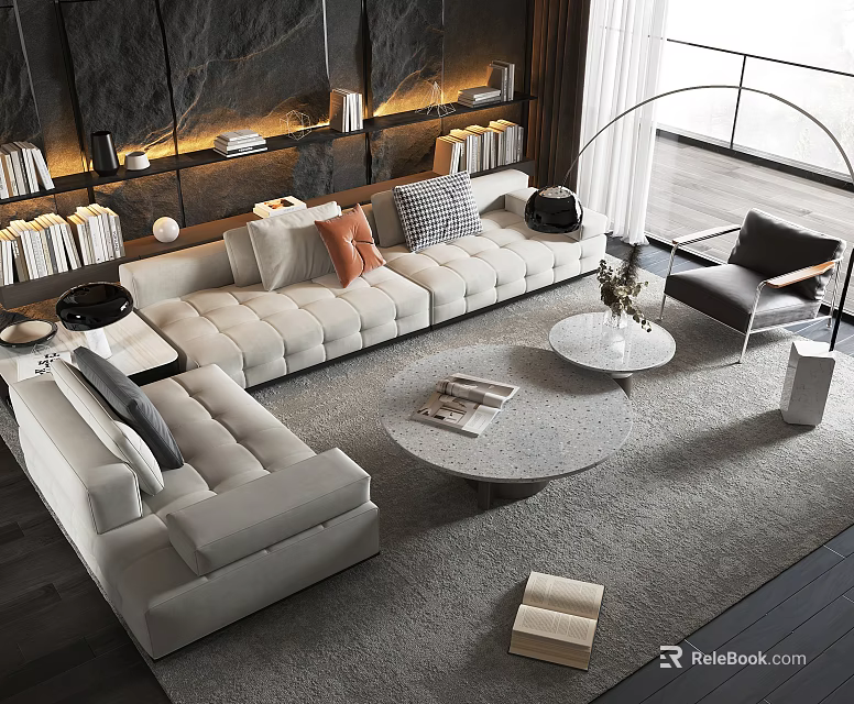 Modern Sectional Sofa And Coffee Table Combination With Pillows Round Tables And Rug 3d model 