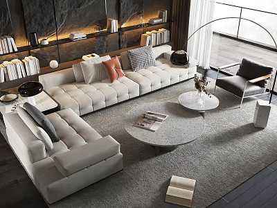 Modern Sectional Sofa And Coffee Table Combination With Pillows Round Tables And Rug 3d model