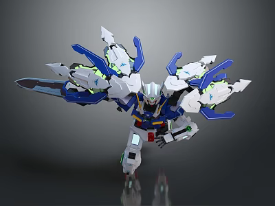 Blue White Armored Mech Robot Action Figure With Glowing Green Wings And Sword 3d model