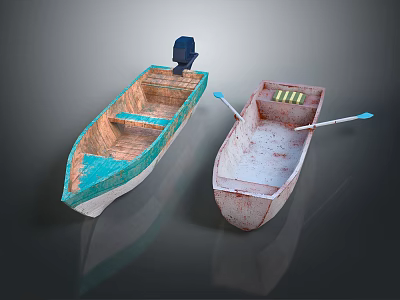 Two Vintage Wooden Boats With Turquoise Edges Black Motor Rusty Details And Wooden Seats 3d model