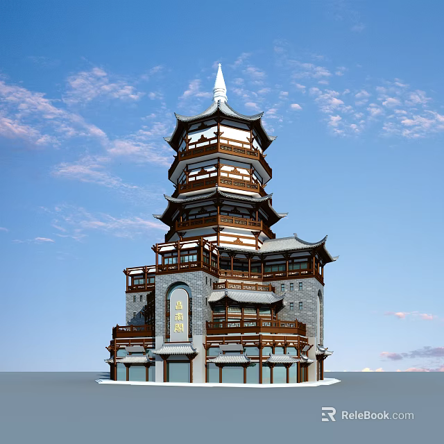 Ancient Chinese Pagoda Architecture With Multi Story Structure And Wooden Overhanging Eaves 3d model 