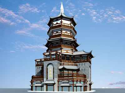Ancient Chinese Pagoda Architecture With Multi Story Structure And Wooden Overhanging Eaves 3d model