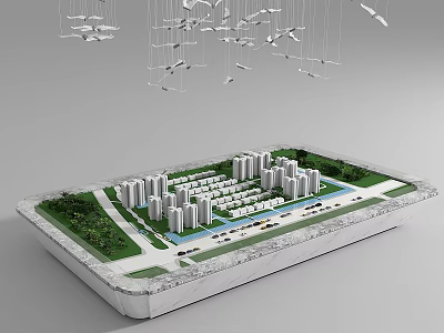 Commercial Equipment Architectural Model Featuring White Buildings Green Spaces And Hanging Elements 3d model