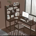 Wooden Desk with Bookshelf Books Photo Frames Computer Table Lamp and Notebook in Bedroom