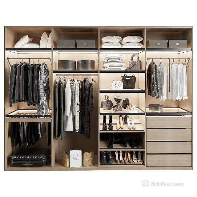 Modern Wardrobe Interior Design With Hanging Clothes Folded Items Shoes And Storage Drawers 3d model 