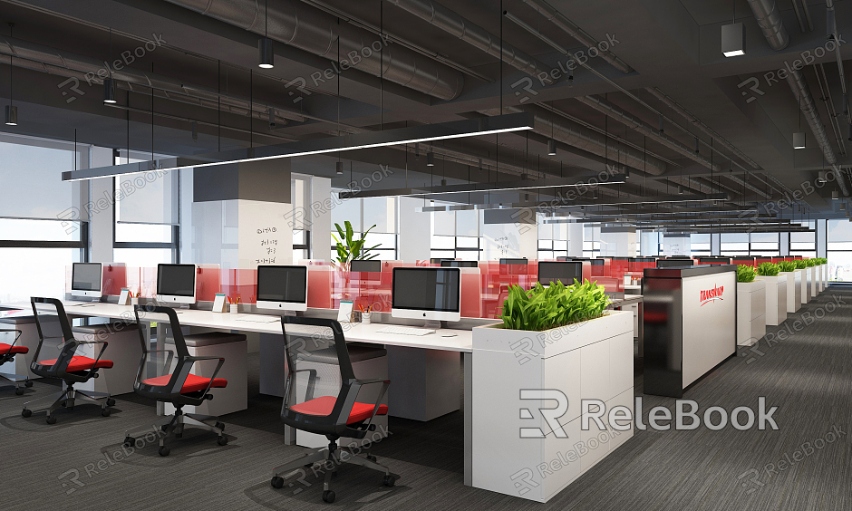 Open office desk and chair combination in modern public office area model