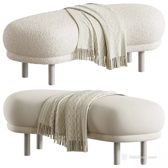 Modern Beige Upholstered Sofa Bench With Fringed Throw And Metal Legs 3d model 