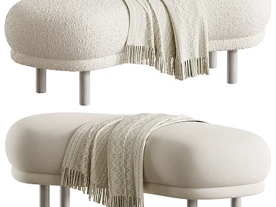 Modern Beige Upholstered Sofa Bench With Fringed Throw And Metal Legs 3d model
