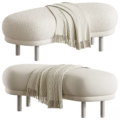 Modern Beige Upholstered Sofa Bench With Fringed Throw And Metal Legs 3d model