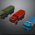 Green Cargo Red Fire and Blue Cargo Trucks Display Different Colors
