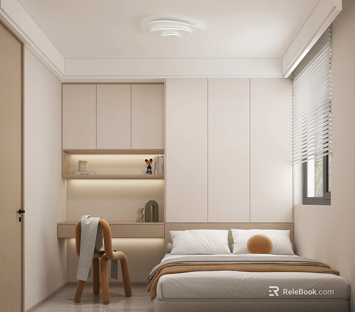 Modern Tatami Bedroom Interior With Built in Cabinets Shelves Soft Headboard And Window Blinds 3d model 