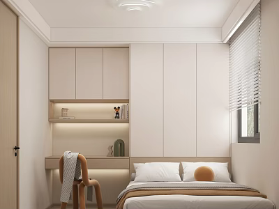 Modern Tatami Bedroom Interior With Built in Cabinets Shelves Soft Headboard And Window Blinds 3d model