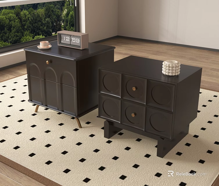 Modern Black Nightstands With Drawers Cabinets Clock And Decorative Items On Checkered Rug 3d model 