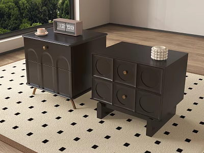 Modern Black Nightstands With Drawers Cabinets Clock And Decorative Items On Checkered Rug 3d model