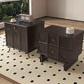 Modern Black Nightstands With Drawers Cabinets Clock And Decorative Items On Checkered Rug