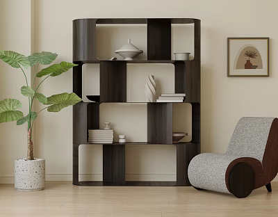 Modern Wooden Bookshelf With Decorative Vases Bowls Books Green Plant Gray Armchair And Wall Art 3d model