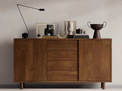 Minimalist Modern Walnut Wooden Decorative Cabinet With Sculptures Books Table Lamp And Decorative Items 3d model