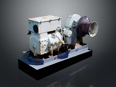 Old Industrial Machinery With Motor Metal Components And Horn Shaped Part On Base 3d model