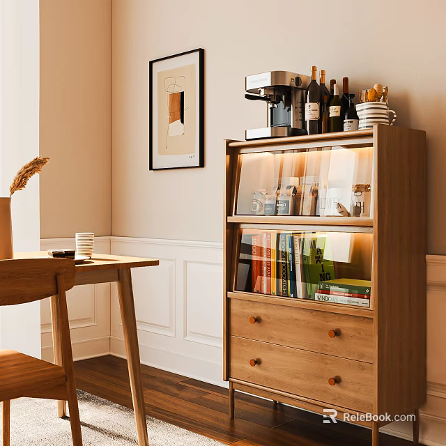 Wooden Entryway Cabinet Sideboard with Glass Doors Shelves Holding Books Wine Bottles and Coffee Machine 3d model 